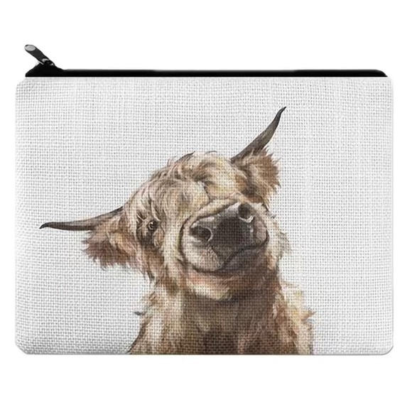 Highland Cow Cotton Canvas Small Zipper Pouch Pencil Organizer Makeup 8x5 - Picture 1 of 2